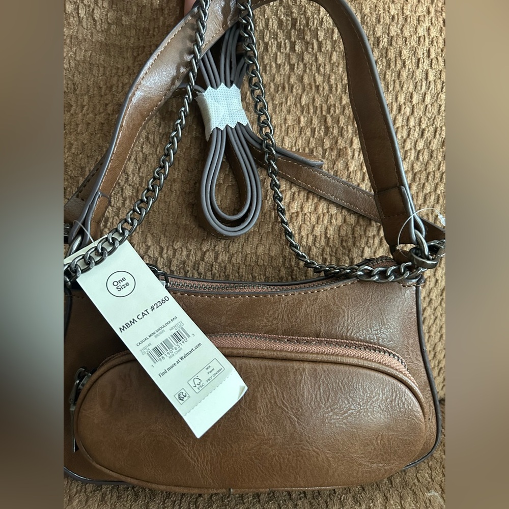 Brown Faux Leather Shoulder or Crossbody Bag with Chain Detail - No Boundaries